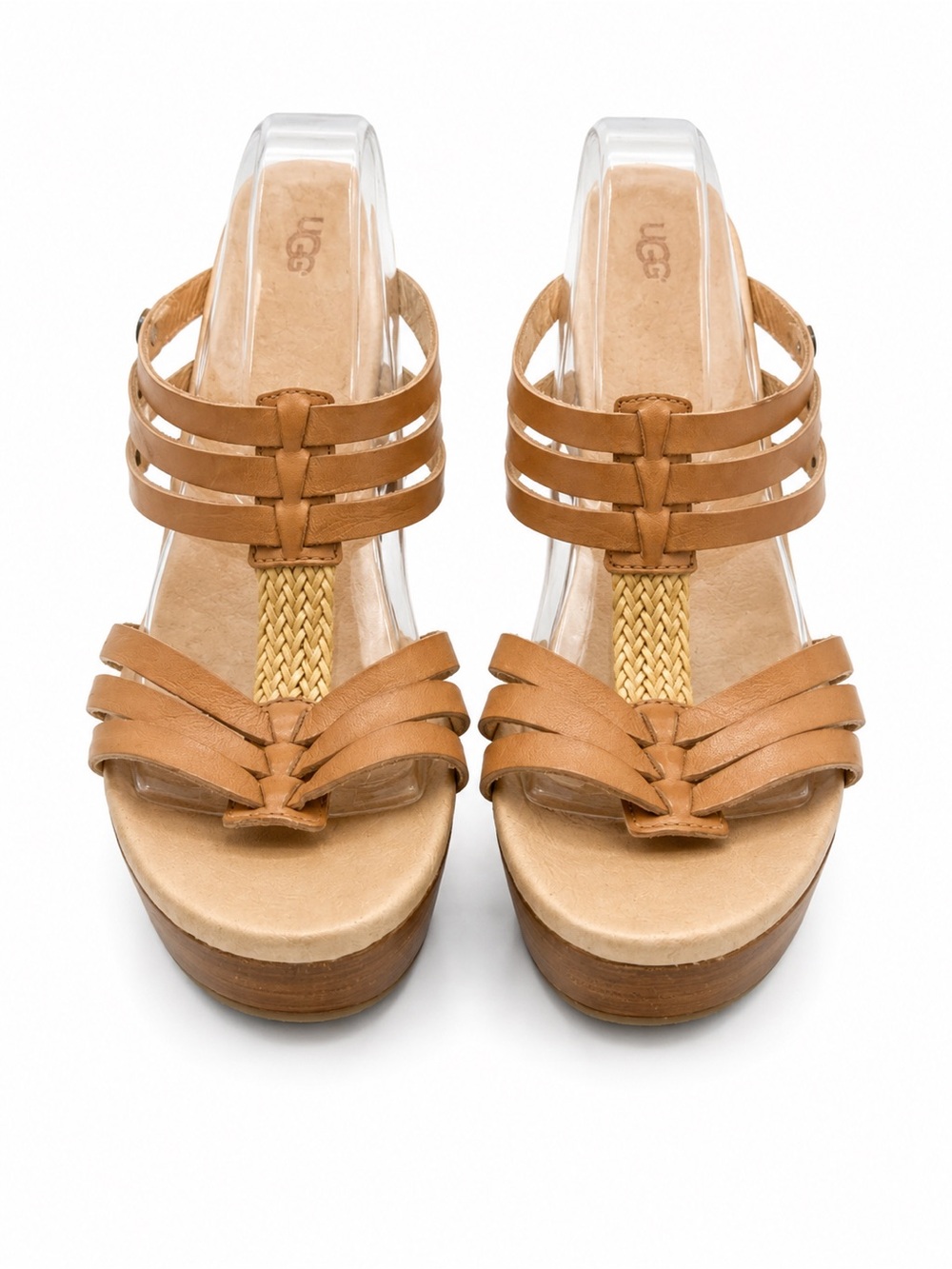 UGG Tan Leather Strappy Woven Platform Sandals